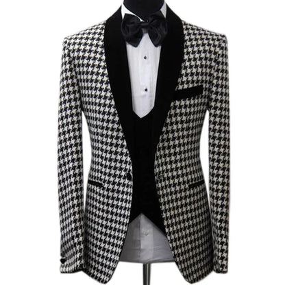 3 Pieces Houndstooth Men Suit Slim Fit Formal Business Casual Suits For Male Wedding Groom Tuxedo Party Suit(Jacket+Pants+Vest )