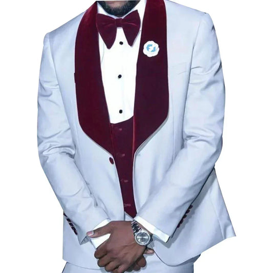 White Jacket Red Vest Elegant Men Suits Wedding Groom Tuxedo Prom Blazer Hombre High Quality Custom 3 Piece Set Costume Homme