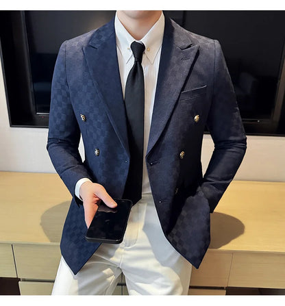 6 Color Luxury Double Breasted Blazers Coats 2024 New Fashion Checkered Business Slim Fit Social   Formal Suit Jacket 5XL-M