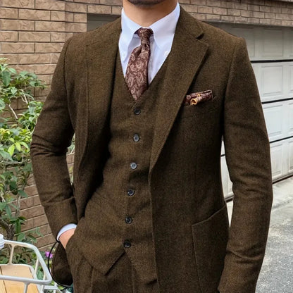 Men 3 Pieces Blue Herringbone Suit Formal Business Tweed Groom Tuxedo for Men Wedding Men's Suit Outfits Jacket Vest Pants Set