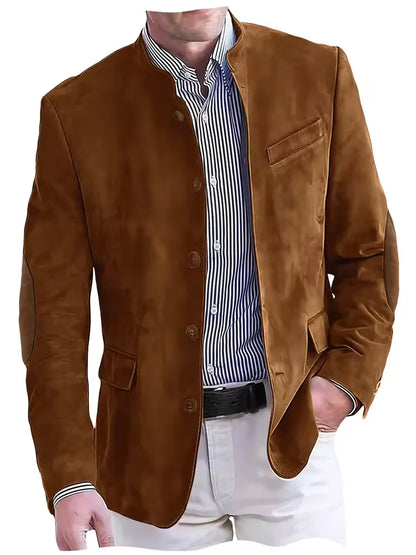 Vintage Men's Suede Blazer Elbow Patch Slim Fit Mandarin Collar Textured Fabric Jacket Business Casual Wedding Party Coat
