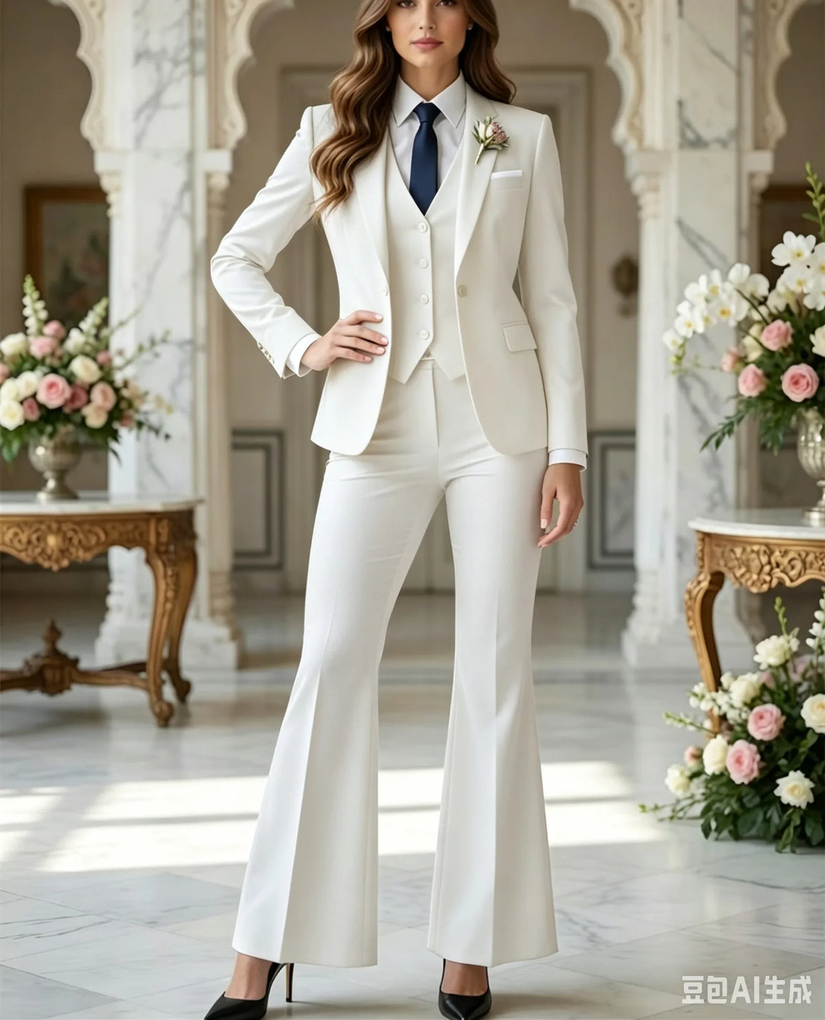 Navy Blue 3 Piece Suit Women Trauanzug Damen Costume Femme Bleu Tuxedo Flared Pantsuit 70s Retro Vintage Bridal