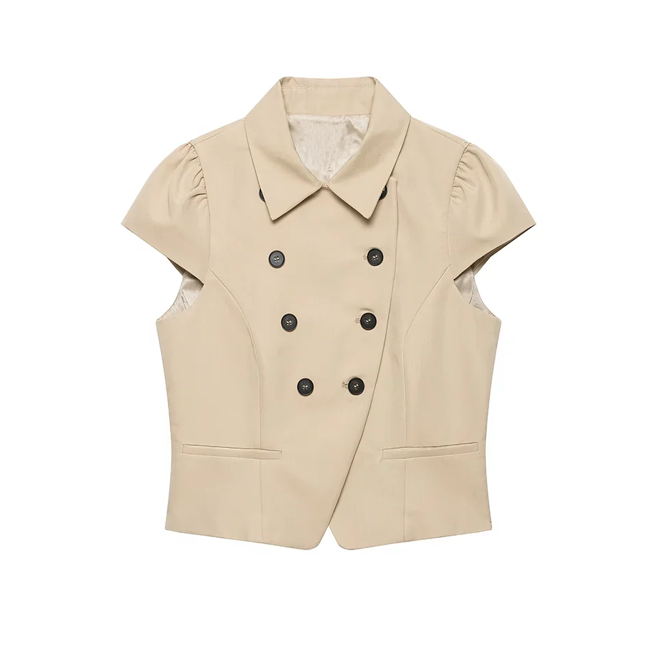 Women Trendy Short Sleeve Blazer Double Breasted Slim Fit Khaki Blazer 2026 Spring Summer Commute Lady Slim Short Top