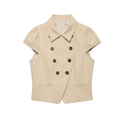 Women Trendy Short Sleeve Blazer Double Breasted Slim Fit Khaki Blazer 2026 Spring Summer Commute Lady Slim Short Top