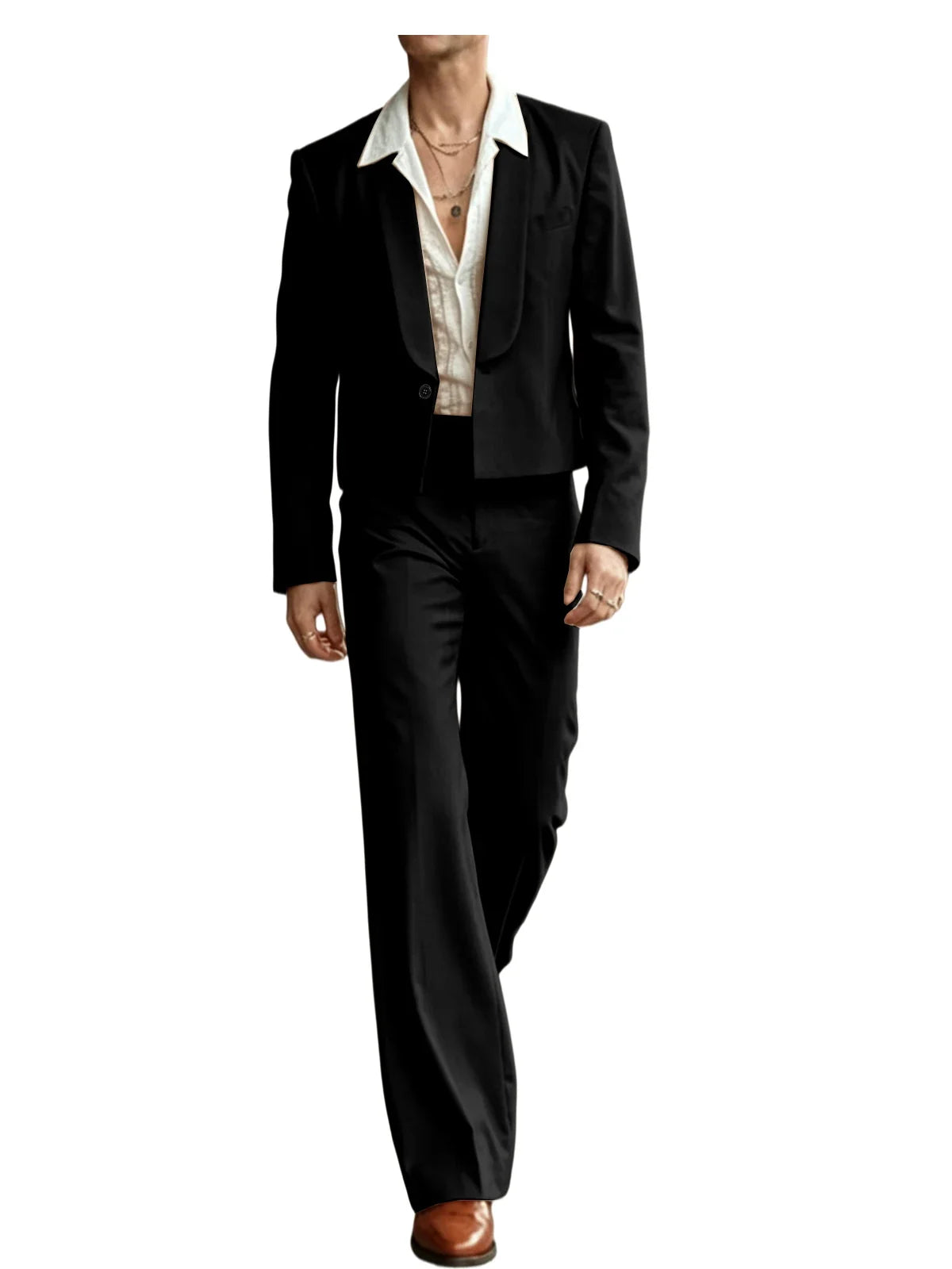 Men's 2-Piece Suit Set – Cropped Blazer & High Waist Flare Pants | Shawl Lapel Tuxedo for Formal & Party Occasions