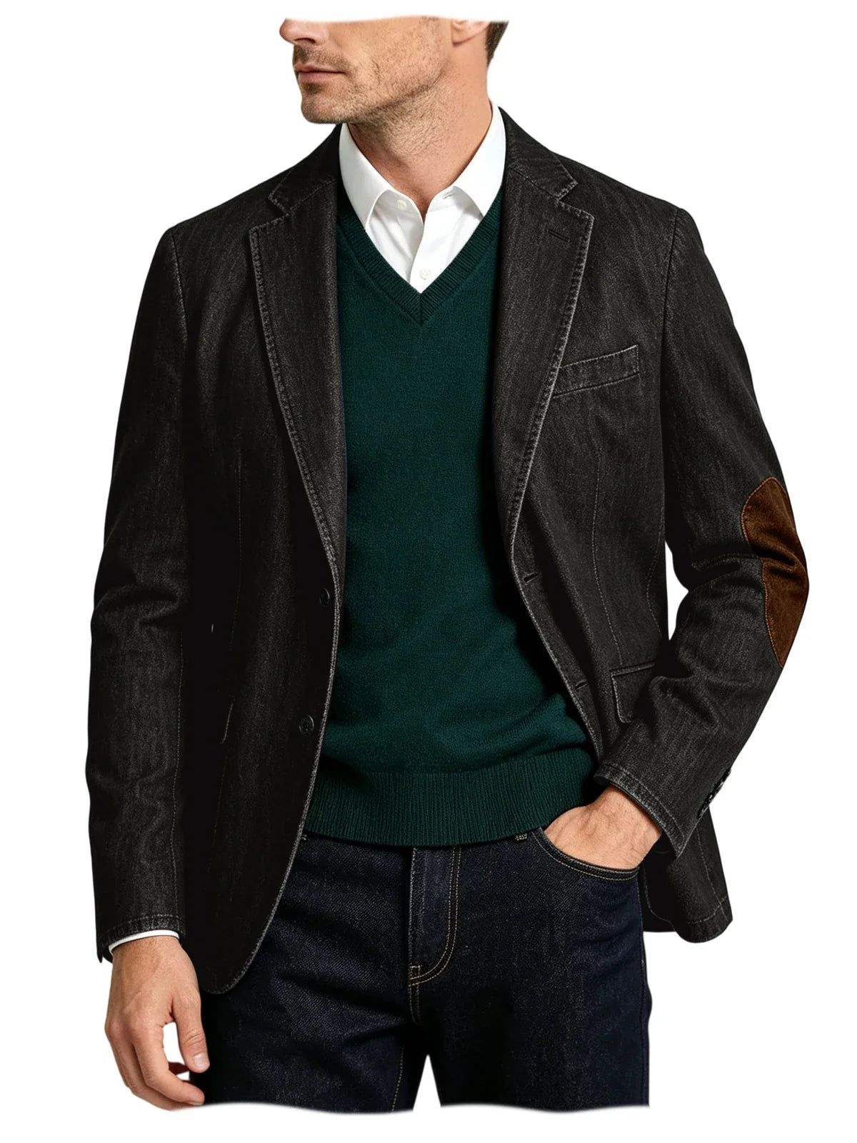 Men's Denim Blazer Suit with Suede Elbow Patches – Slim Fit, Casual & Business Wear