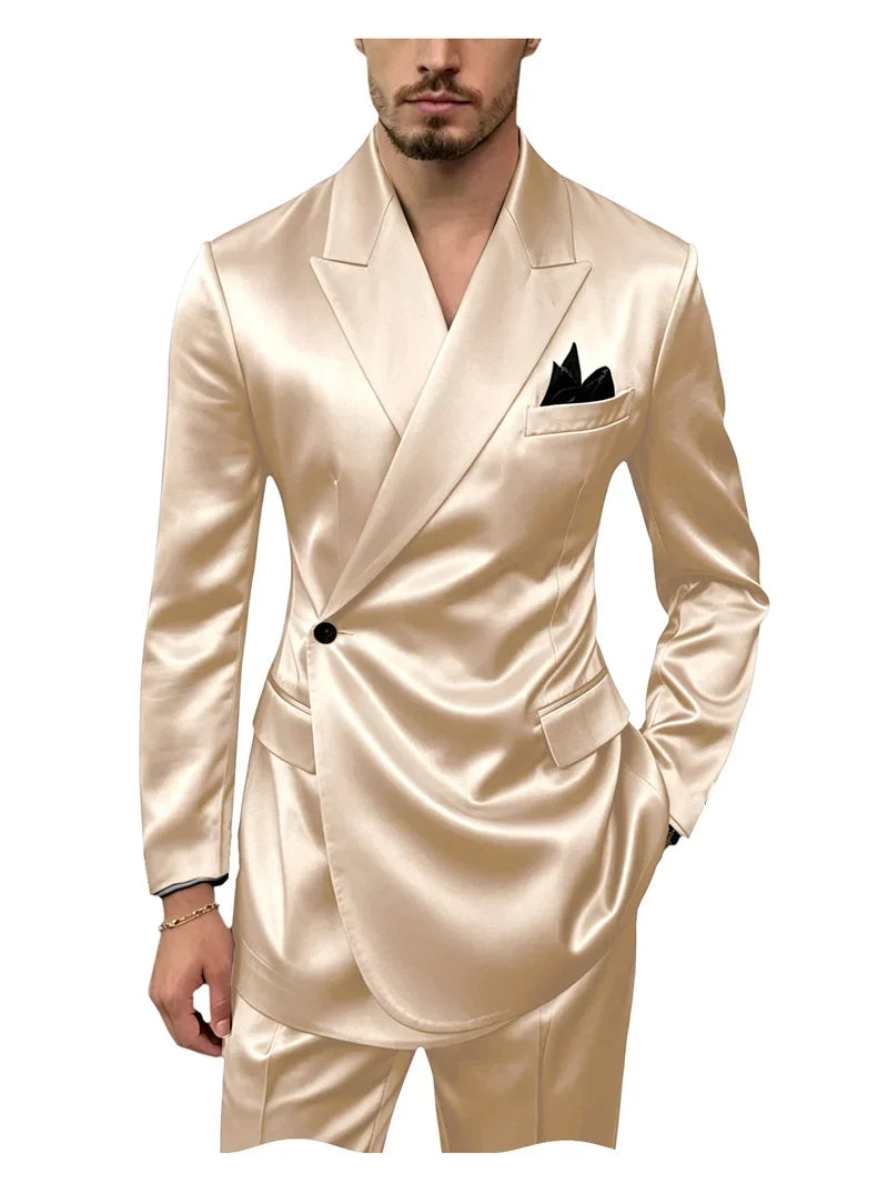 Men's 2 Piece Satin Suit Asymmetrical Wrap Peak Lapel Suit One Button Slim Fit Blazer Pants Wedding Formal Evening Luxury Outfit