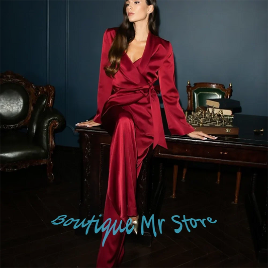 Glamorous Red Satin Women's Blazers and Suit Set Elegant Shawl Lapel Jacket+Pants with Waist Tie for Formal Evening Party