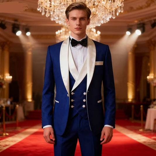 Men's 3-Pieces Slim Fit Tuxedo Wedding Suit Formal Business Party Blazer Jacket Lapel Coat Vest Pants for Groom Groomsmen