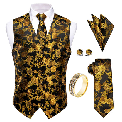 Men's V-Neck Vest Matching Kit | Black Gold Floral Jacquard | Wedding & Celebration