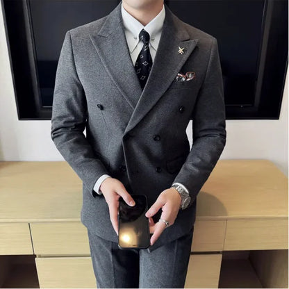 (Jacket+Pant) Autumn Winter Thickened Woolen Suit 2025 New High Quality Slim Business Tuxedo Fashion Wedding Social Suits