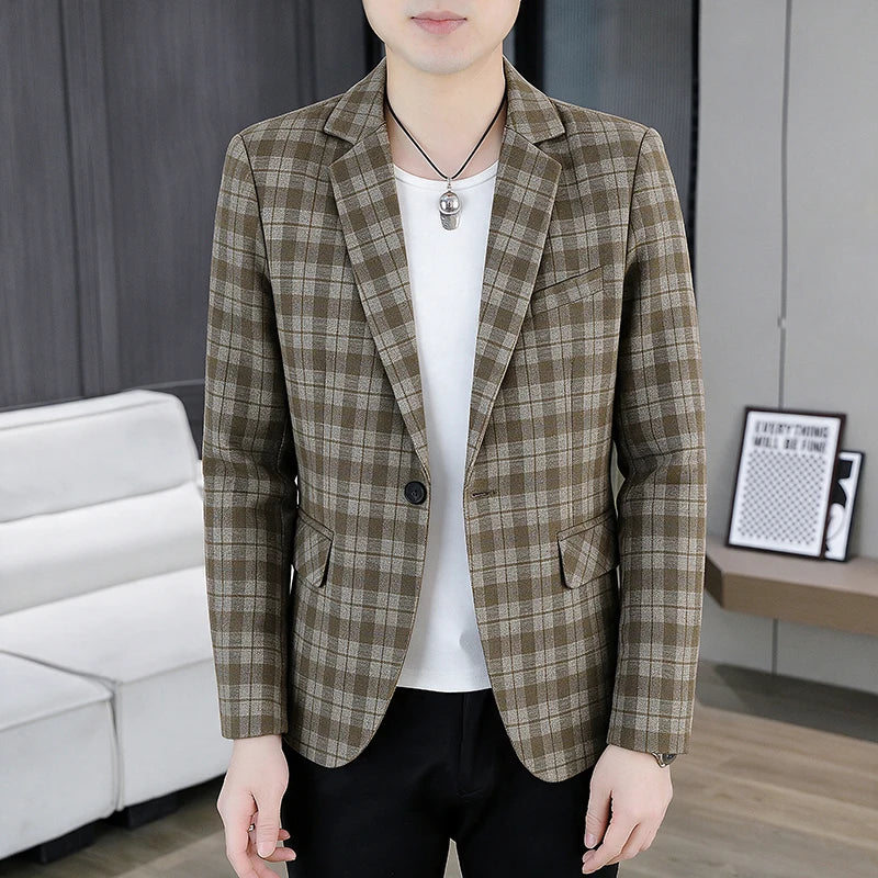 Men's Smart Casual Plaid Blazer – Single Breasted, Slim Fit, Spring Autumn