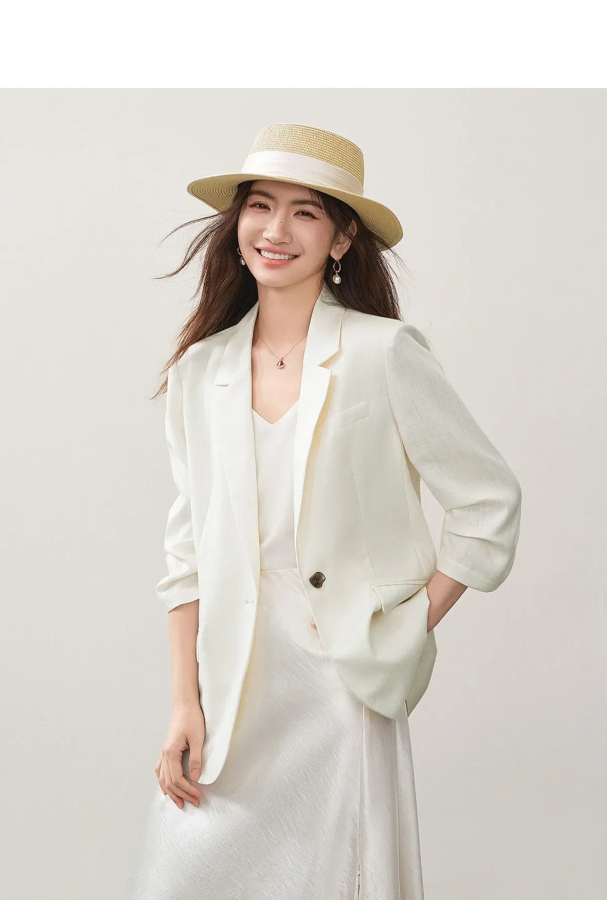 Women's Light Business Blazer Padded Shoulder Acetate Lyocell Blend 2026 Autumn Commuter Casual Suit Jacket 163XC7789