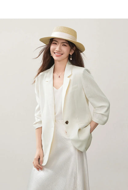 Women's Light Business Blazer Padded Shoulder Acetate Lyocell Blend 2026 Autumn Commuter Casual Suit Jacket 163XC7789