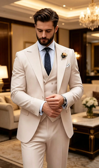 3 Pieces Set Beige Formal Slim Fit Tuxedo Prom Suit Men Groom Wedding Blazers High Quality Groomsman Business Banquet Party Suit