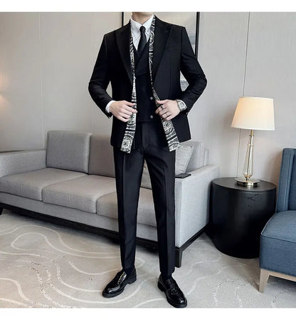 Double Collar Suit Set 3 Pieces Business Formal Casual Suits Vest Trousers Office Work Party Prom Wedding Groomsmen Clothing