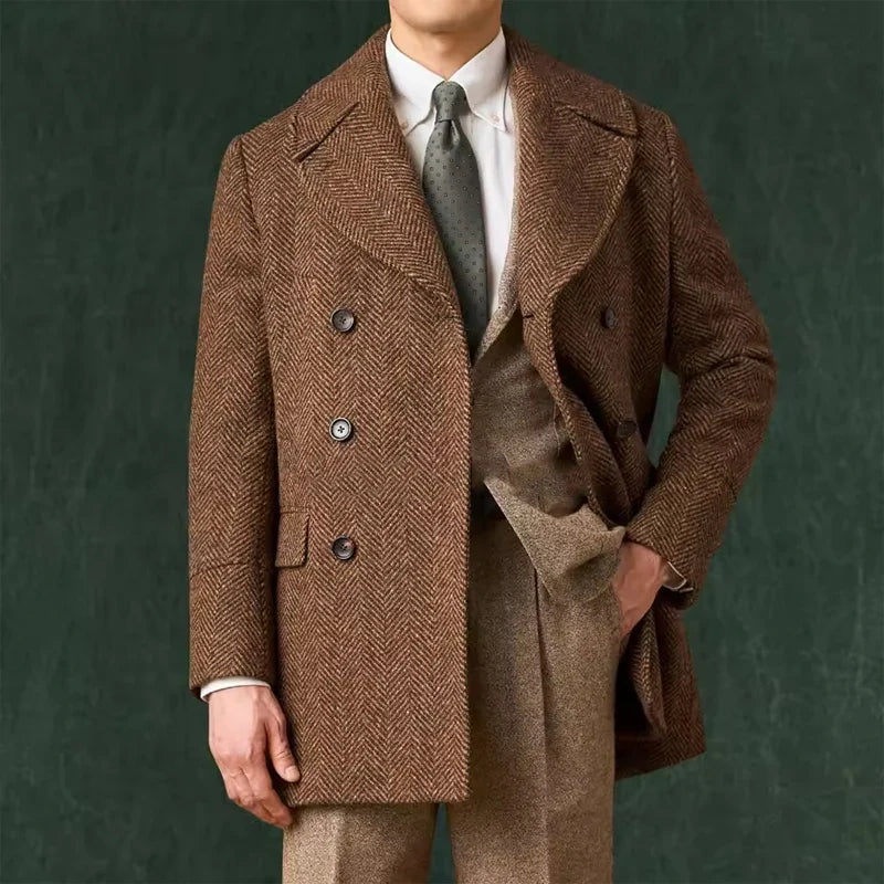 Men's Herringbone Tweed Overcoat Double-Breasted Wide Lapel Wool Blend Formal & Wedding Coat
