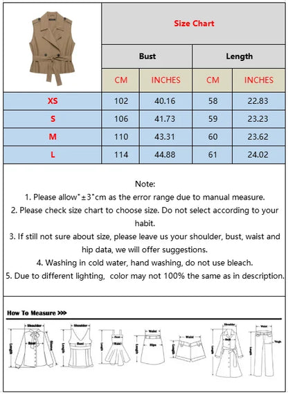 New Slim Fit Cropped Sleeveless Trench Vest Women Khaki Lapel Double Breasted Self Tie Belt Waist Cinching Street Outer Top