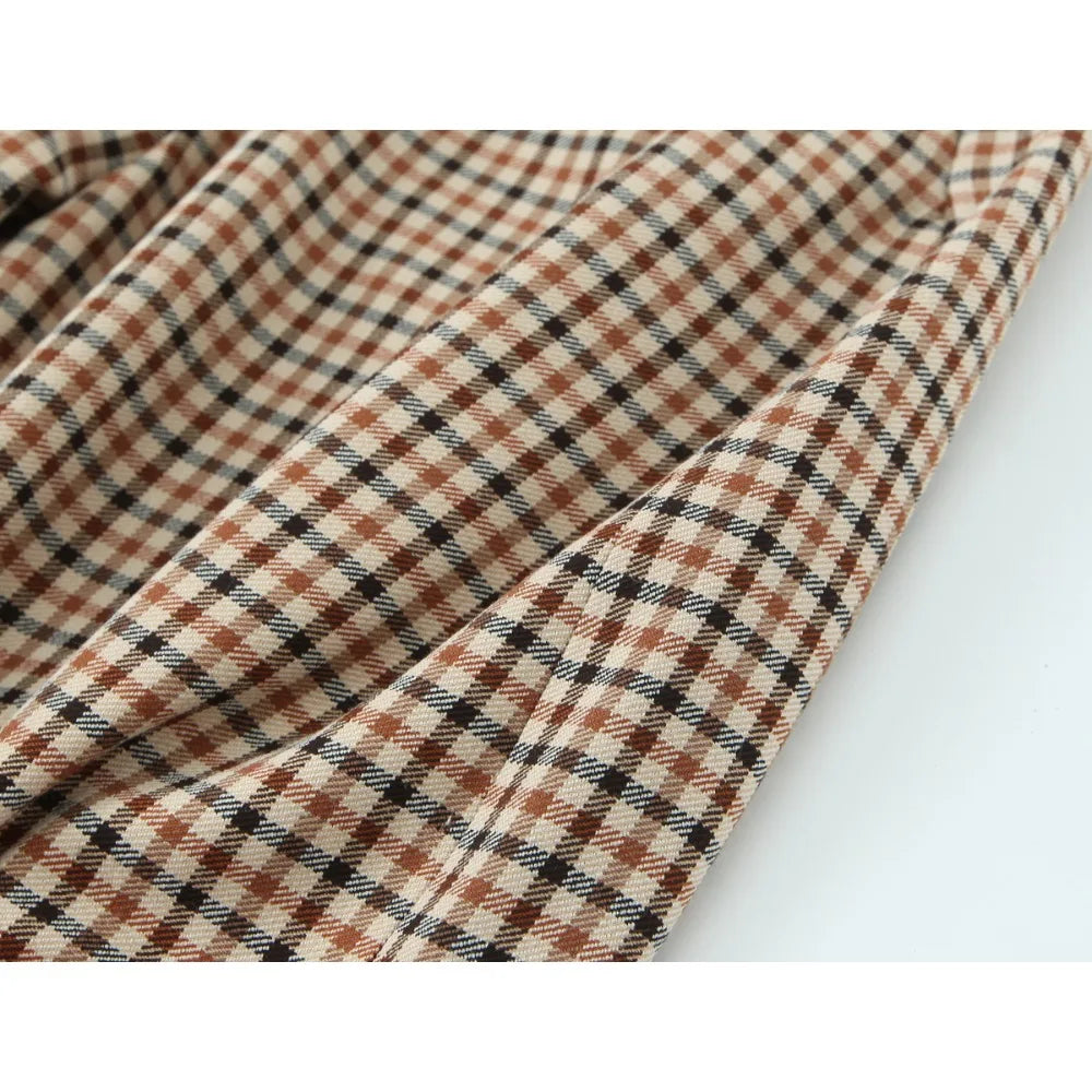 Stylish Plaid Pant Suits for Women New in Commuting Style Two Pieces Straight Plaid Blazer Matching Tonal Pleated Wide Leg Pants
