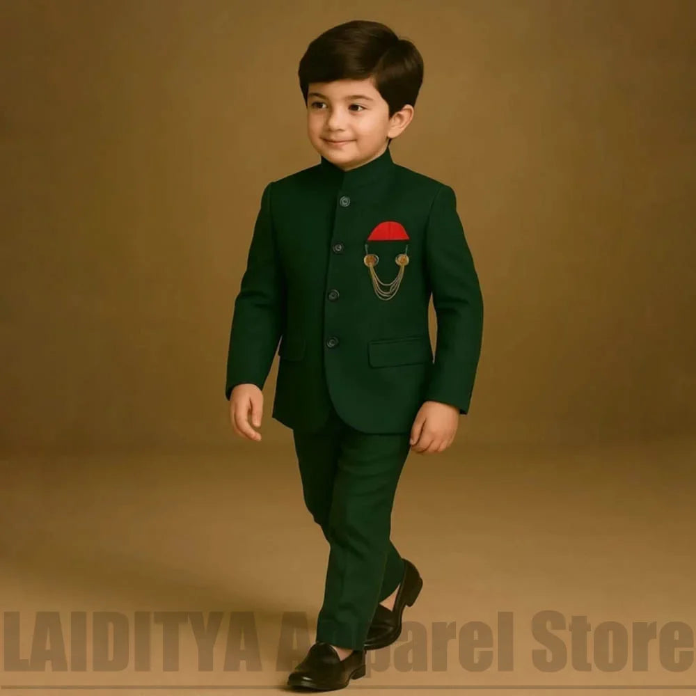 Fashion Boys Stand Collar Suit 2 Piece Single Breasted Kids Wedding Formal Blazer Pants Outfit Birthday Party Daily Casual Wear