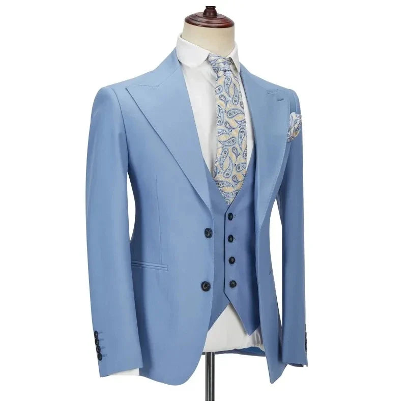 Navy Men's Suits 3 Pieces Side Slit Peaked Lapel Man Clothing Business Formal Wedding Groom Prom Dress Wear Blazer+Vest+Pants