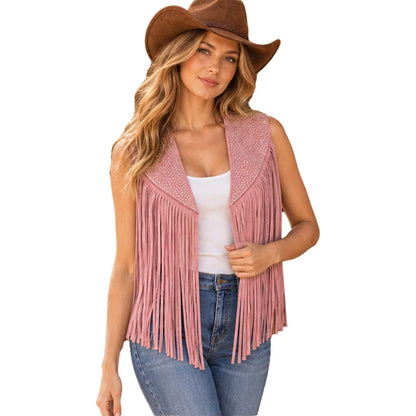 Women's Faux Suede Tassels Vest Waistcoat Western Cowgirl Hippie Costume Sleeveless Fringed Waistcoat for Halloween Party Outfit