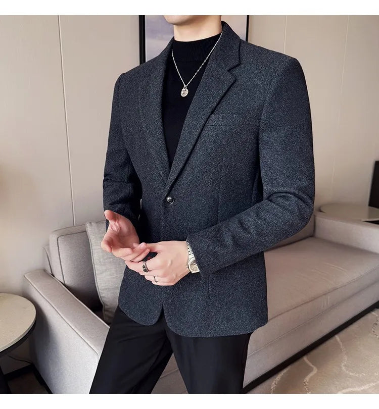 High Qualitys Thickened Wool Suit Jacket Autumn Winter New Luxury Solid Color Formal Men Business Slim Fit Social Party Tuxedo