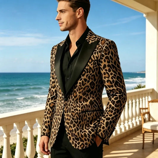 Men's Slim Fit Blazer Leopard Print Satin Lapel Single Button Jacket for Wedding Party