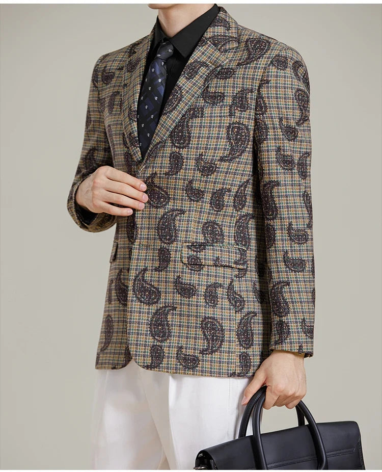 Autumn Winter Cashew Plaid Suit Jacket Men Fashion Casual Embroidered Jacquard Suit Jackets Business Social Party Men Blazers