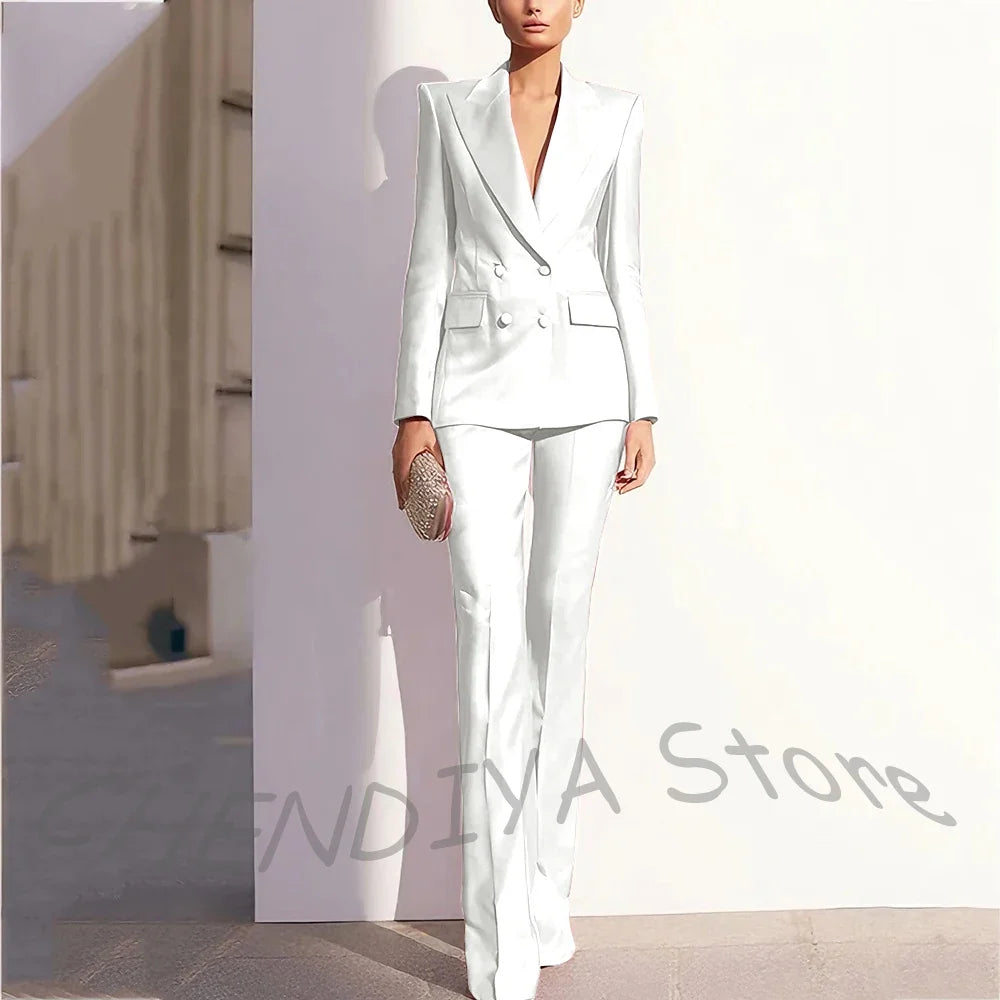 Luxury Satin Women Pants Suit Tailored Business Attire Dusty Rose 2 Piece Peak Lapel Straight Formal Outfit Daily Office Set