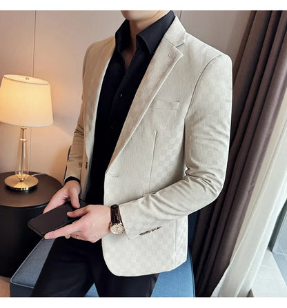 2024 Spring Plaid Blazers Men Single Breasted Casual Business Suit Jacket Fashion Slim Social Banquet Wedding Groom Dress Coats