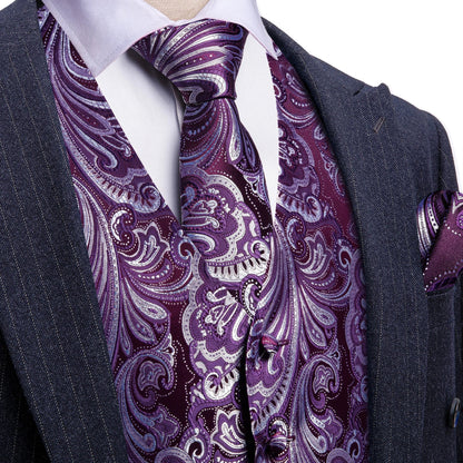 Men's Suit Vest 4-Piece Set – Black Glossy Floral Jacquard Waistcoat for Wedding & Formal Occasions