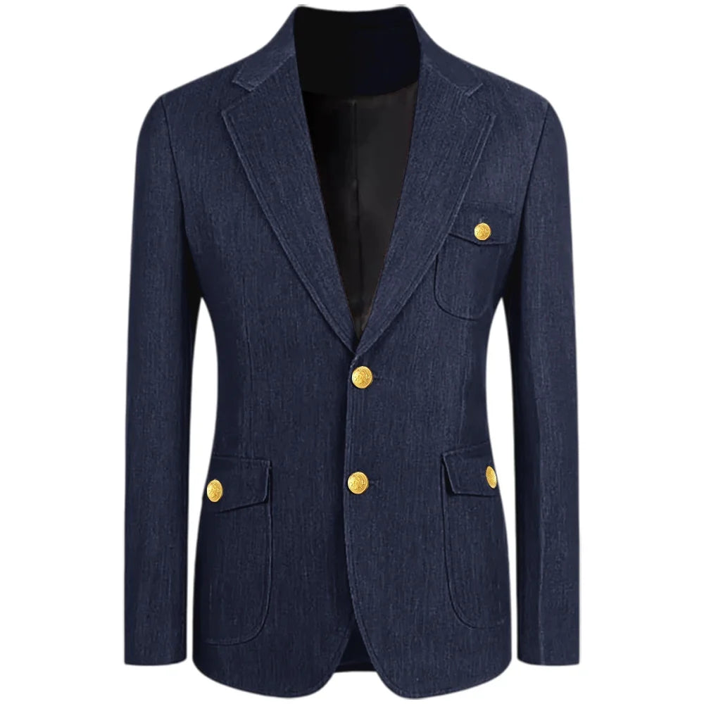 Men's Denim Suit Jacket Classic Notched Lapel Slim Fit Gold Buttons Multiple Pockets Formal Blazer Business Casual Daily Wear