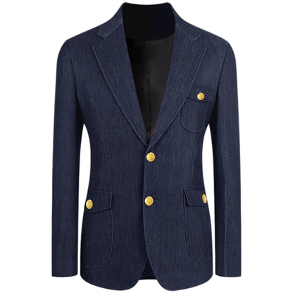 Men's Denim Suit Jacket Classic Notched Lapel Slim Fit Gold Buttons Multiple Pockets Formal Blazer Business Casual Daily Wear