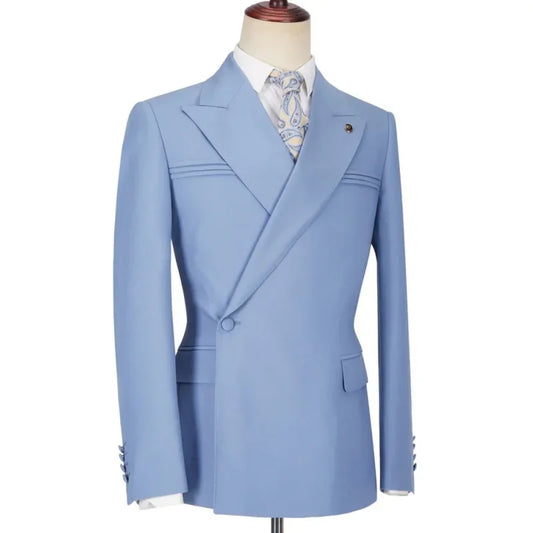 Men Suit 2 Pieces Sky Blue Solid Single Button For Wedding Banquet Birthday Party Business Casual Jacket With Pants