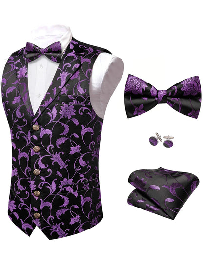 Men's Floral Jacquard Vest Bowtie Set – Pink Wedding Waistcoat for Men