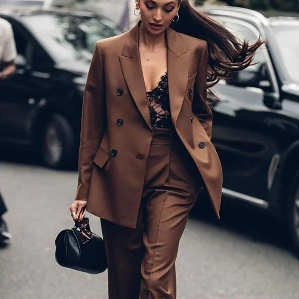 Daily Elegant Women's Suits New Formal Two Pieces (Jacket+Pants) Set Double Breasted Blazer Office Business Outfit Streetwear