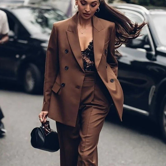 Daily Elegant Women's Suits New Formal Two Pieces (Jacket+Pants) Set Double Breasted Blazer Office Business Outfit Streetwear