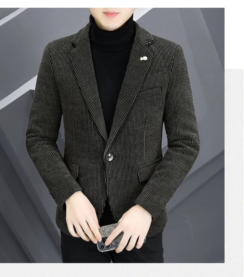 Blazer Autumn/Winter Golden Sable Velvet and Cotton Thickened Thermal Small Suit Fashion Business Men's Slim Blazer