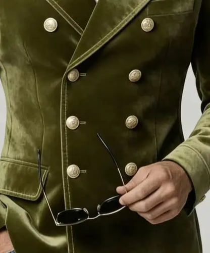 Mens Fashion Velvet Double Breasted Blazer Peak Lapel Epaulet Detail Slim Fit Nightclub Party Suit Jacket Men Outerwear