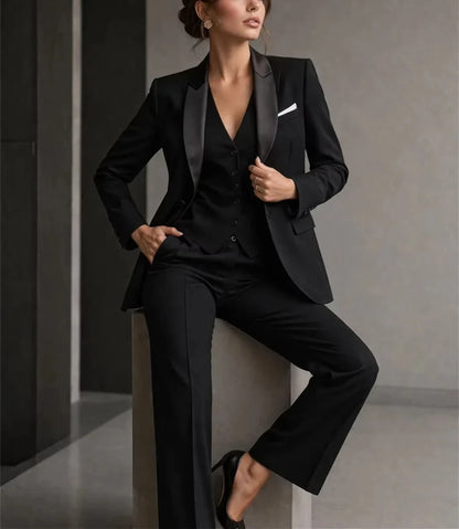 Luxury Women's Black 3-Piece Suit Elegant Suit with Satin Collar Wedding Guest Formal Suit Business Wear Jacket+Vest+Pant