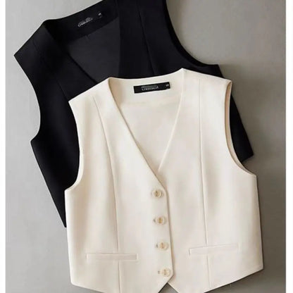 Women Fashion White Black Suit Vest New Short Style Sleeveless Jacket Office Lady V-Neck Casual Lined Blazers Vest Waistcoat