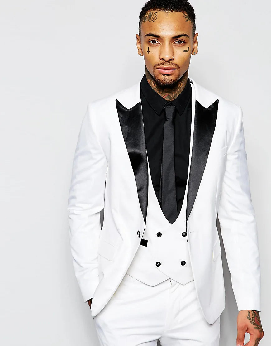 Fashion Ivory Costume Homme 3 Pieces Slim Fit Wedding Tuxedos One Button Peak Lapel Groomsmen Best Man Wear Men's Prom Blazer