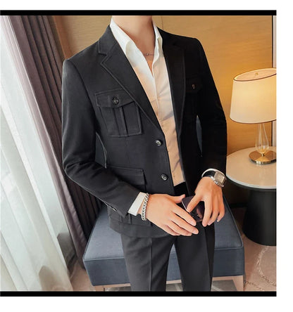 Winter Woolen Suit Jacket for Men Multiple Pockets Slim Fit Casual Business Blazers Masculino Wedding Streetwear Social Coats