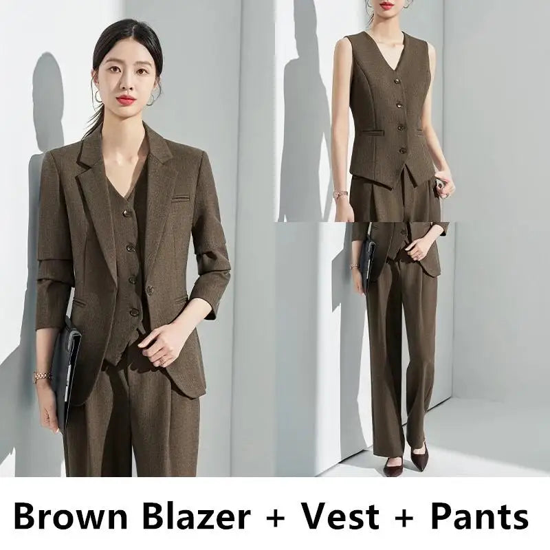 Formal Office Lady Slim Fit 2 Piece Suits Autumn Dark Brown Single Button Blazer And Pants Elegant Business Female Work Wear