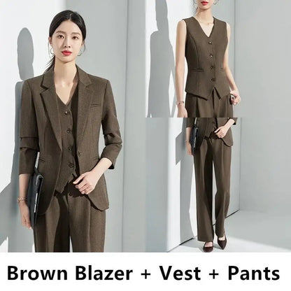 Formal Office Lady Slim Fit 2 Piece Suits Autumn Dark Brown Single Button Blazer And Pants Elegant Business Female Work Wear