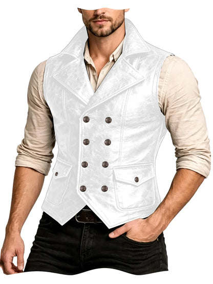 Men's Faux Leather Waistcoat Vintage Double Breasted Slim Fit Vest for Casual & Streetwear
