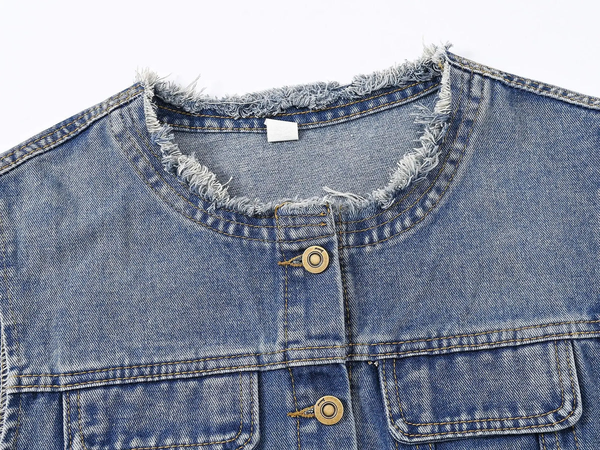 Women Denim Vest Coat Rough O Neck Vintage Short Sleeveless Jacket Female Cowboy Waistcoat Casual Tops Chaleco Mujer Outerwear