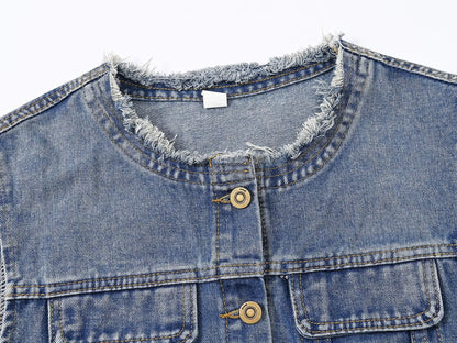 Women Denim Vest Coat Rough O Neck Vintage Short Sleeveless Jacket Female Cowboy Waistcoat Casual Tops Chaleco Mujer Outerwear