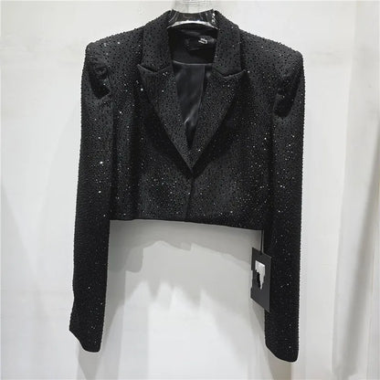 Women Short Blazer Trend Heavy Diamonds Shoulder Pad Design Niche Stylish Elegant High Street Long Sleeve Suit-Coat HK26338